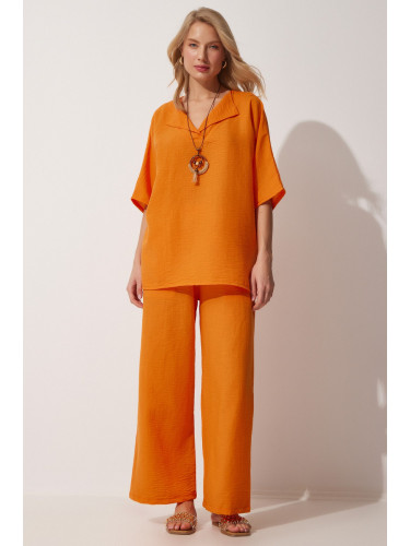Happiness İstanbul Women's Orange Necklace With Ayrobin Tunic Pants Suit