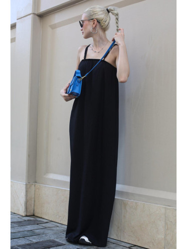 Madmext Long Loose Black Crepe Dress With Straps