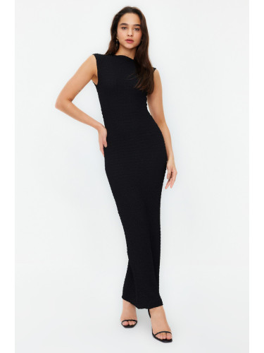 Trendyol Black Textured Fabric Fitted Moon Sleeve Knitted Stretchy Midi Pencil Dress