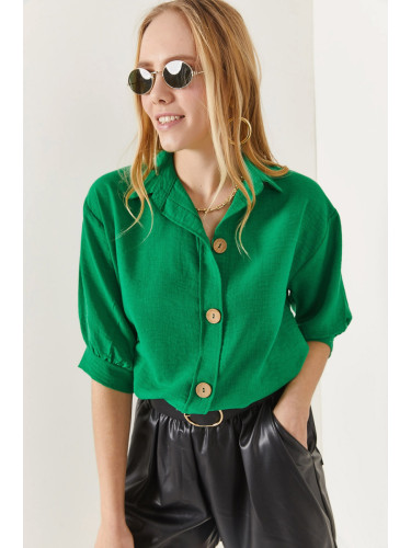Olalook Women's Grass Green Striped Linen Shirt with Wooden Buttons 3/4 sleeve