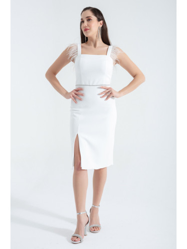 Lafaba Women's White O-Neck Slit Midi Evening Dress