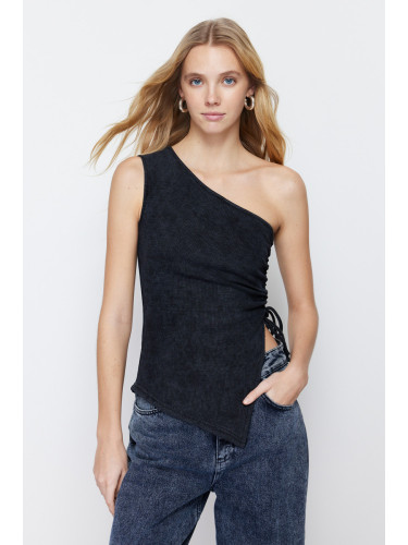 Trendyol Black Weathered/Faded Effect Body-Shouldered Ribbed Cotton Stretch Knitted Blouse
