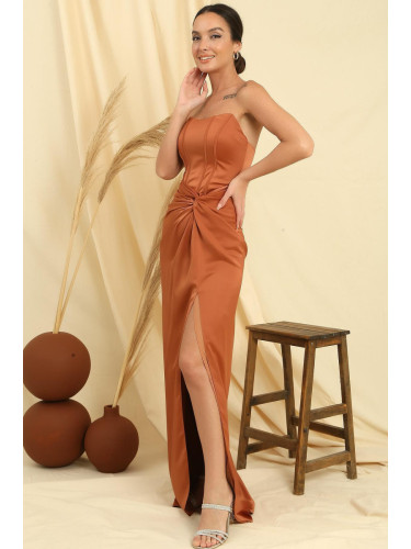 By Saygı Strapless Underwire Front Knotted Lined Long Satin Dress