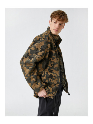 Koton Camouflage Patterned Plush Coat