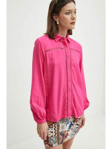 Риза с лен Medicine дамска в розово със стандартна кройка с класическа яка