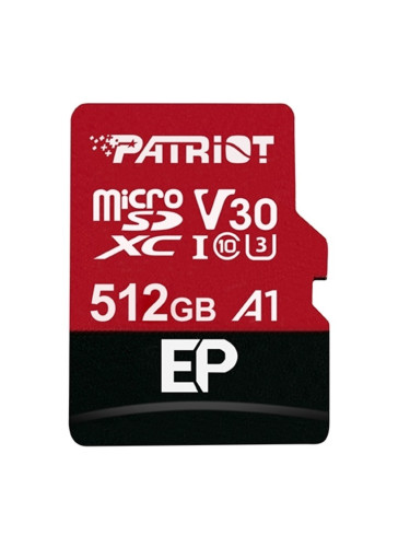 Карта памет 512GB microSDXC с адаптер, Patriot EP Series (PEF512GEP31MCX), Class 10 U3, скорост на четене 90MB/s, скорост на запис 80MB/s