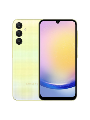 Смартфон Samsung Galaxy A25 (жълт), поддържа 2 SIM карти, 6.5" (16.51cm) Super AMOLED 120Hz дисплей, осемядрен Exynos 1280 2x2.4GHz & 6x2.0GHz, 8GB RAM, 256GB Flash памет(+microSD слот), 50 + 8 + 2 & 13 Mpix камери, Android, 197g