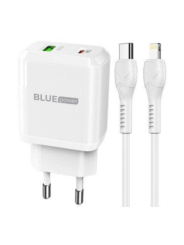 Мрежово зарядно устройство комплект BLUE Power BLN5 PD20W, QC3.0, 220V, с кабел 1м Lightning-Type C, Бял