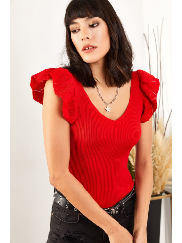 Olalook Women's Red Front Back V-Shoulder Frilly Knitwear Blouse