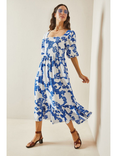 XHAN Blue Patterned Gipe Detailed Knitted Dress with Frilled Hem