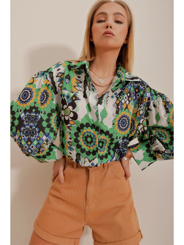 Trend Alaçatı Stili Women's Green Princess Ethnic Patterned Flamed Linen Woven Shirt