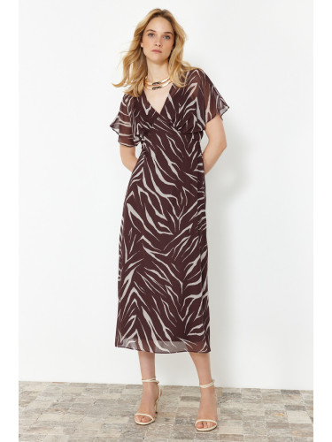 Trendyol Dark Brown Abstract Patterned A-line Chiffon Maxi Woven Dress