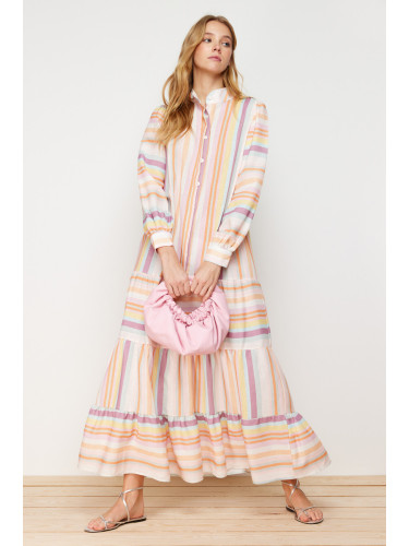Trendyol Multi Color Striped Skirt Ruffled Linen Look Woven Dress