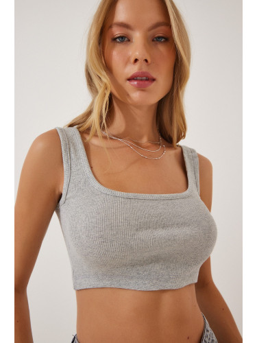 Happiness İstanbul Women's Gray Melange Straps Ribbed Crop Knitted Blouse