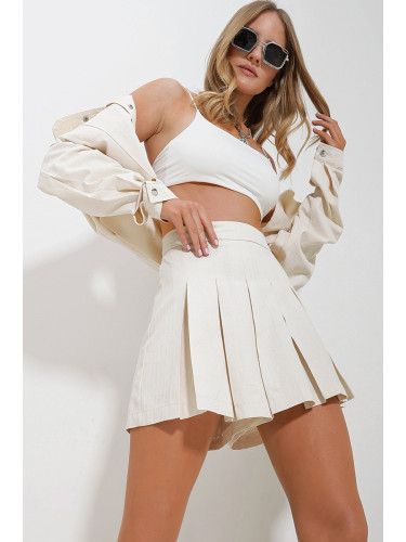 Trend Alaçatı Stili Women's Cream Pleated Hidden Zipper Herringbone Mini Skirt