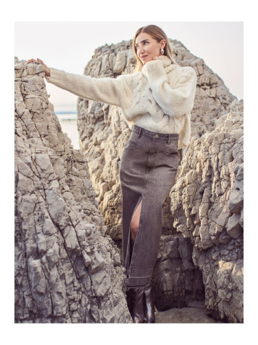 Koton Front Slit Denim Skirt Midi Length Pocket Cotton Comfort Fit