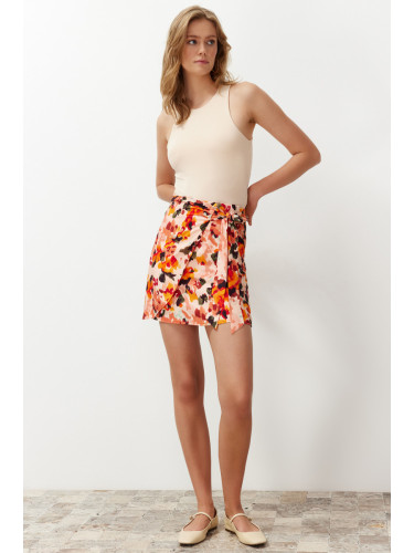 Trendyol Orange Flower Patterned Double Breasted Closure Tie Detailed Satin Fabric Mini Woven Skirt