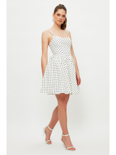Trendyol White Polka Dot Skater/Belt Opening Mini Lined Woven Dress