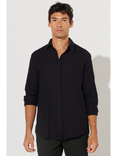 AC&Co / Altınyıldız Classics Men's Black Comfort Fit Wide Cut Classic Collar 100% Cotton Muslin Shirt