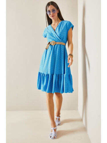 XHAN Blue Double Breasted Collar Scallop Belt Dress