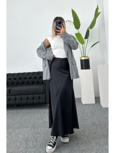 Laluvia Black Hidden Zippered Elastic Waist Satin Skirt