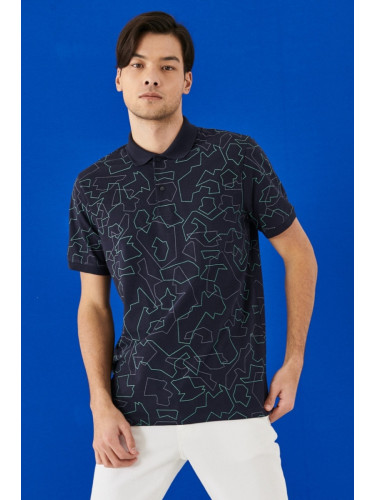 ALTINYILDIZ CLASSICS Men's Navy Blue Slim Fit Narrow Cut 100% Cotton Polo Neck Patterned T-Shirt