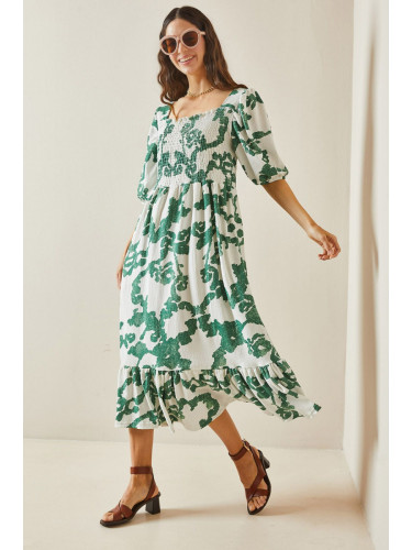 XHAN Green Patterned Gipe Detailed Knitted Dress with Frilled Hem