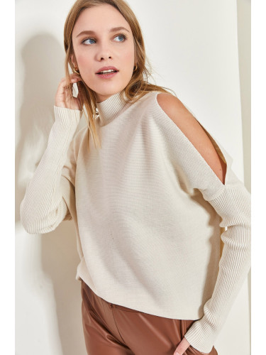 Bianco Lucci Women's Half Turtleneck Open-Shoulder Tricot Knitwear Sweater