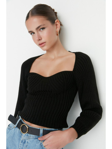Trendyol Black Crop Heart Collar Knitwear Sweater