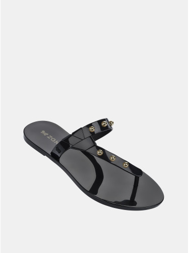 Black shiny flip-flops with zaxy spike gold detailing