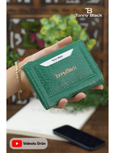 Tonny Black Original Women's Card Holder Coin & Coin Compartment Alligator Croco Model Stylish Mini Wallet with Card Holder