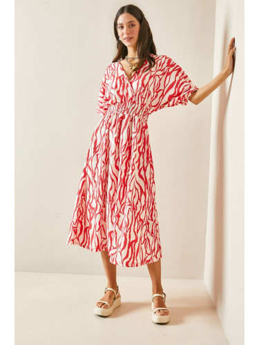 XHAN Pink Double Breasted Neck Zebra Pattern Textured Midi Dress