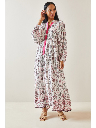 XHAN Pink Floral Pattern Balloon Sleeve & Buttoned Maxi Dress