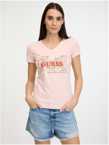 Light pink women's T-shirt Guess Logo Flowers - Women