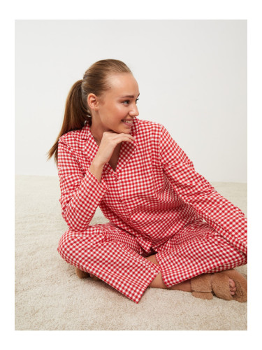 LC Waikiki Women's Shirt Collar Plaid Long Sleeved Pajamas Set