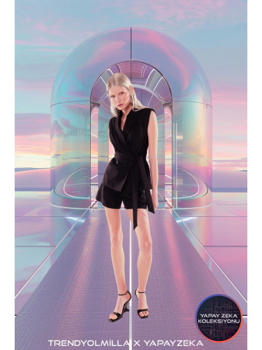 Trendyol X Artificial Intelligence Black Slim Tulle Detailed Belted Vest