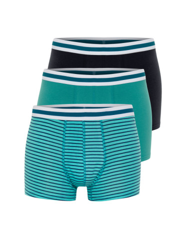 Trendyol 3-Piece Green-Navy Blue Striped-Plain Mix Cotton Boxers