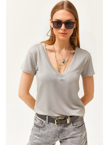Olalook Women's Dolphin Gray Deep V-Neck Modal Touch T-Shirt