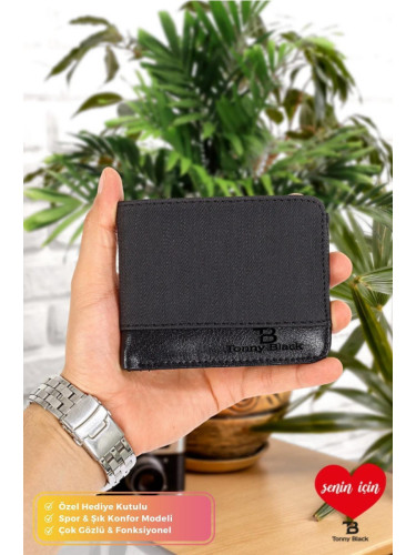 Tonny Black Genuine Men's Black Sporty & Stylish With Box, 10 Card Holder, 3 IDs and 1 banknote compartment, leather and fabric wallet.