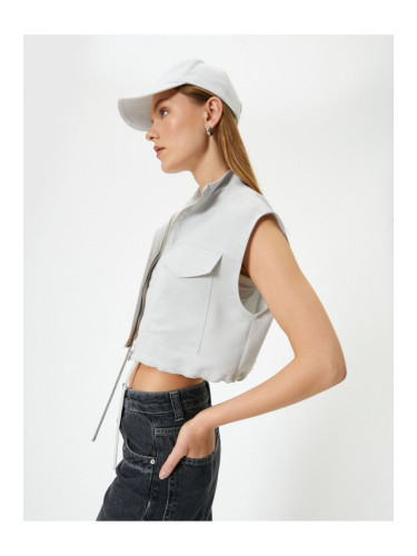 Koton Crop Vest with Zippered Flap Pockets Standing Collar