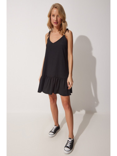 Happiness İstanbul Women's Black Tied Straps Summer Knitted Dress