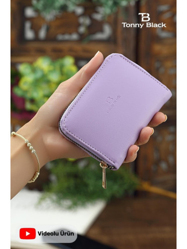 Tonny Black Original Women's Card Holder with Coin Compartment and Zippered Comfort Model Stylish Mini Wallet with Card Holder Lilac