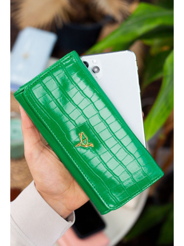 Garbalia Lady Technological Leather Crocodile Pattern Green Women's Wallet with a loose card holder and a coin compartment.