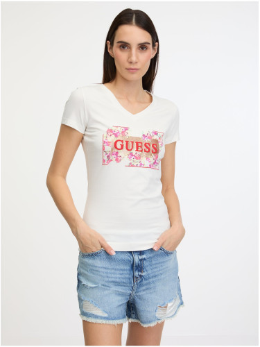 Cream women's T-shirt Guess Logo Flowers
