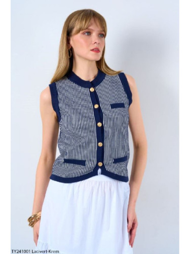 Laluvia Navy Blue-Cream High Striped Pocket Detailed Vest