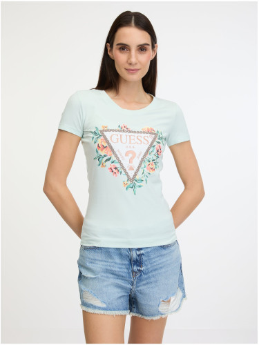 Women's T-shirt in mint color Guess Triangle Flowers - Women