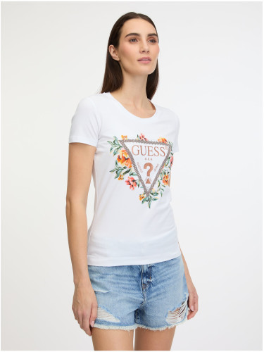 White women's T-shirt Guess Triangle Flowers