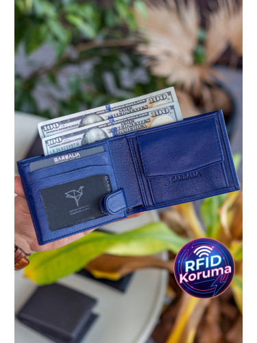 Garbalia Navy Blue Men's Wallet with Genuine Leather Flip Flops, Horizontal Coin Eyes.