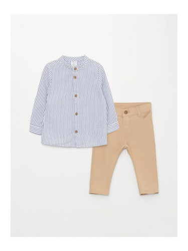 LC Waikiki Big Collar Long Sleeved Striped Baby Boy Shirt And Trousers 2-piece Set