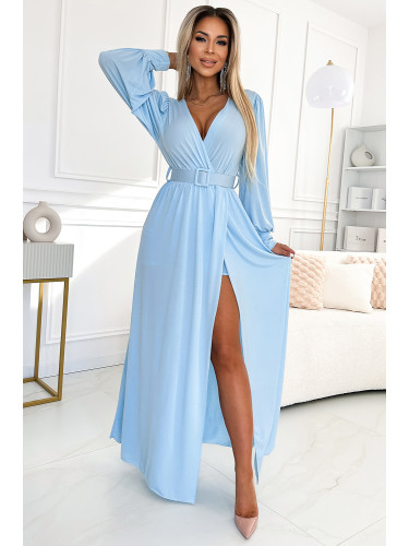 536-1 FIORELLA Long dress with a wide belt and neckline - light blue